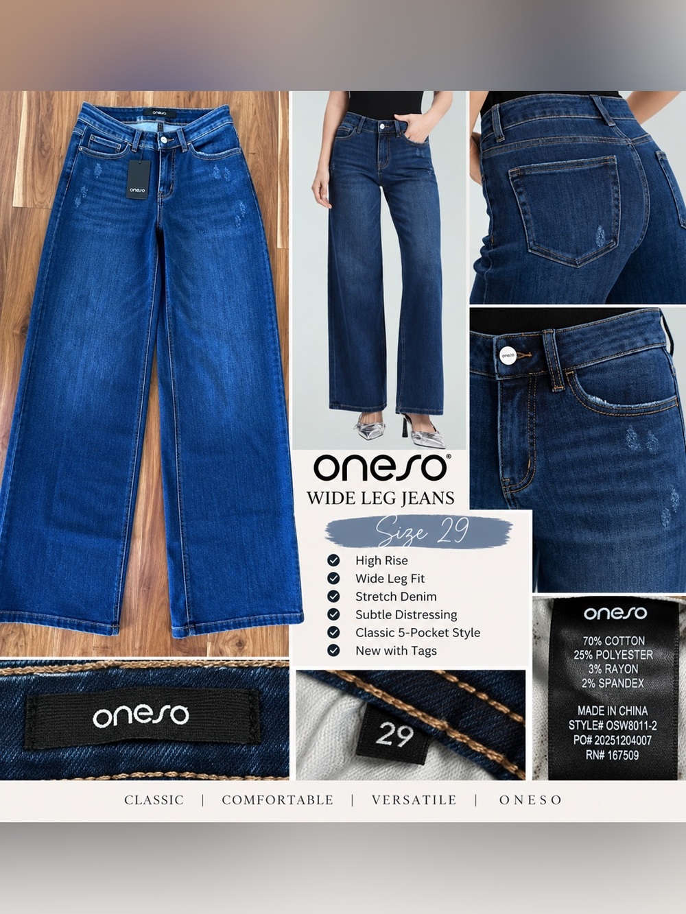 ONESO Wide Leg Jeans Size 29 Dark Wash Mid Low Rise Stretch Denim NWT